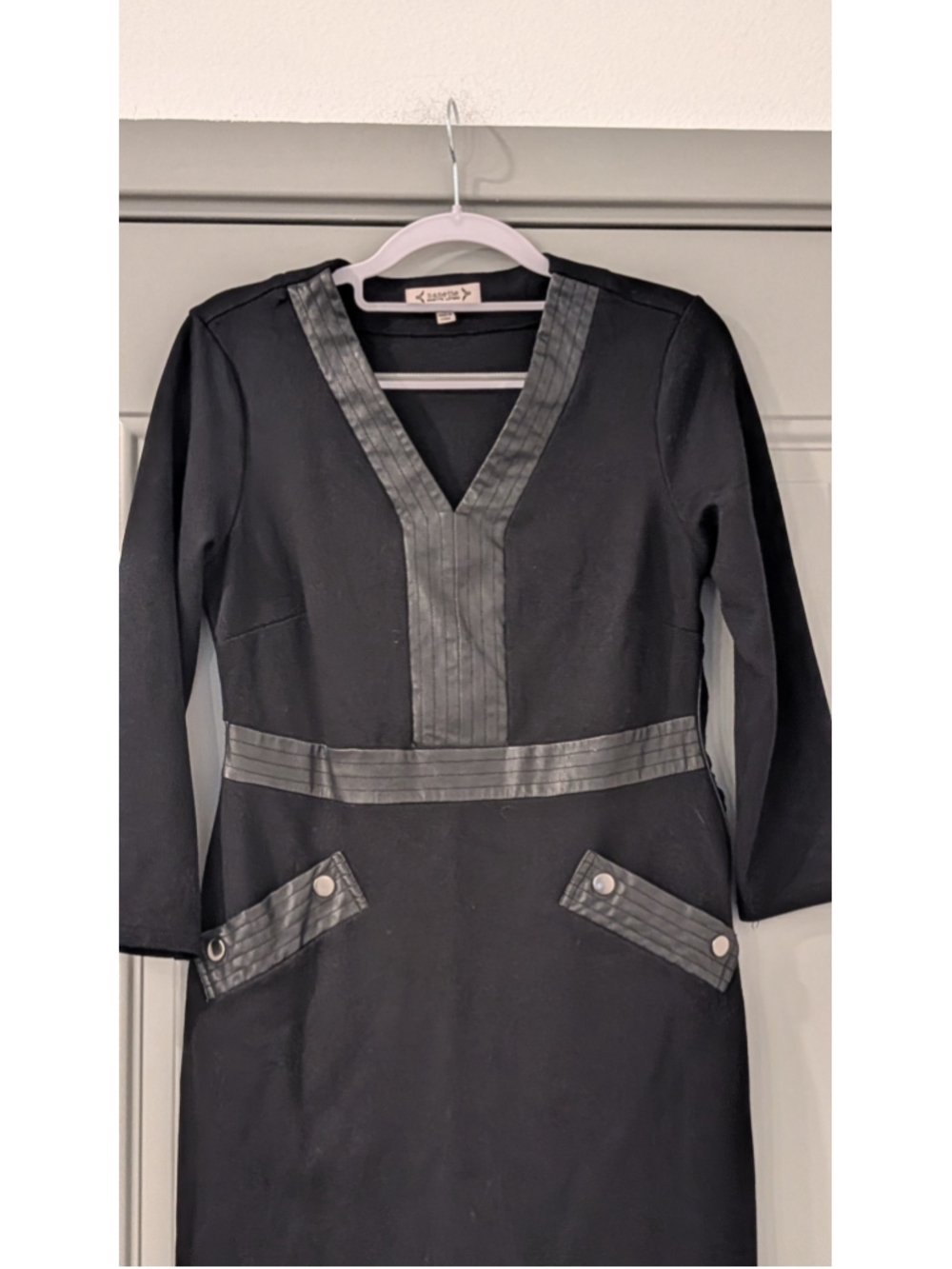 Nanette Lepore Black Sheath Dress Faux Leather Trim 3/4 Sleeve Women's Size 2 - Picture 2 of 7